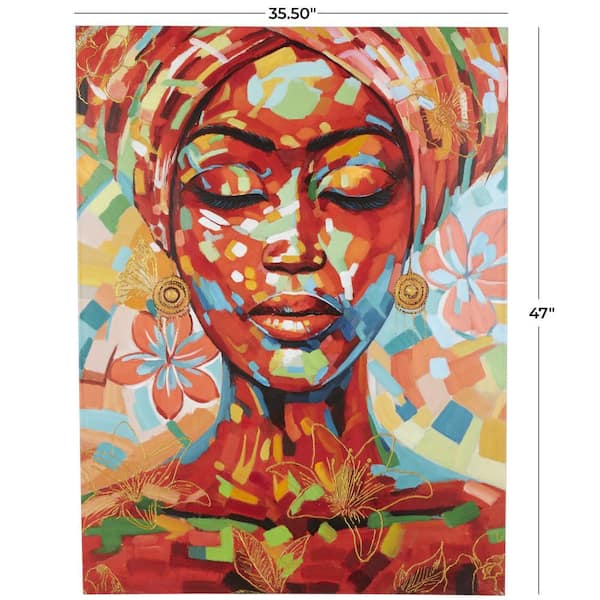 CosmoLiving by Cosmopolitan 1-Panel Framed Woman Abstract Paint Splatter Wall Art with Floral Accents 47 in. x 36 in.