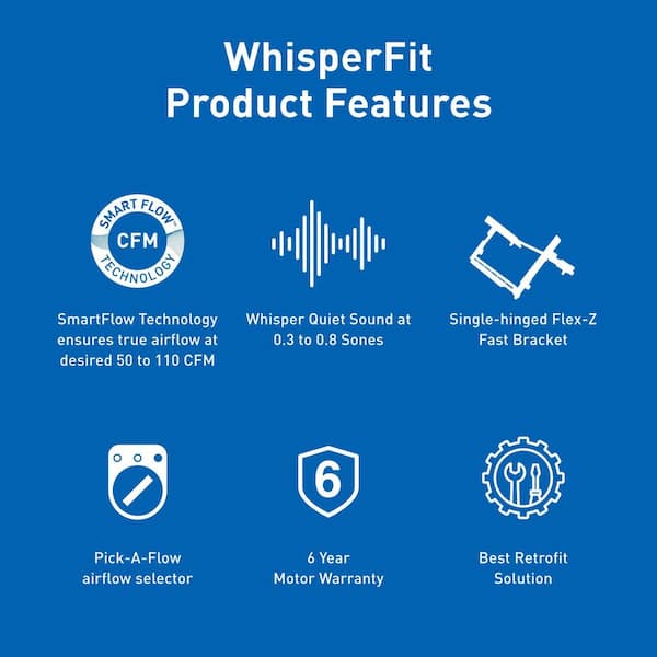 WhisperFit DC/LED, Pick-A-Flow 50,80,110 CFM ENERGY STAR Quiet Ceiling Bathroom Exhaust Fan, Flex-Z Fast Install Bracket