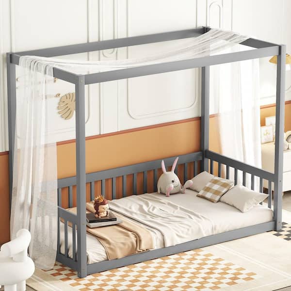 Noble House Hall Gray Wood Frame Twin Size Canopy Bed with Guardrails