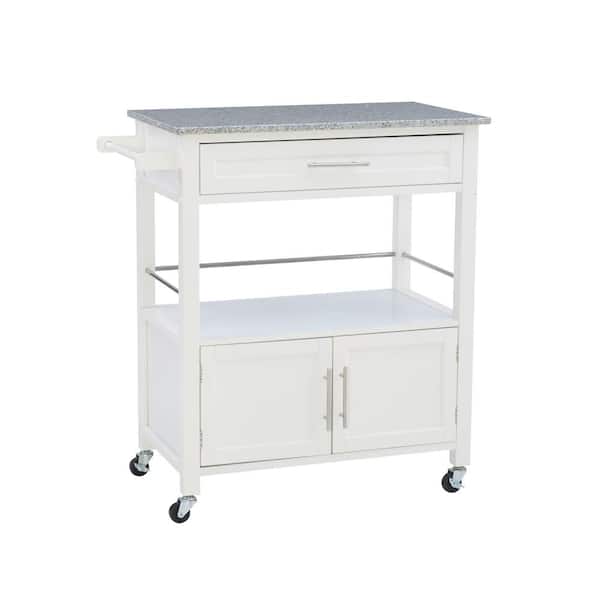 Linon Home Decor Caitlin White Kitchen Cart with Granite Top and Storage