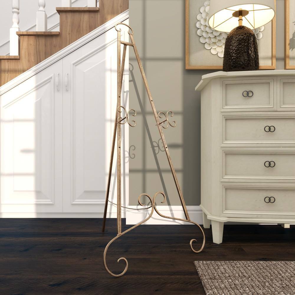 Gold Metal Scroll Adjustable Floor Easel with Chain Support