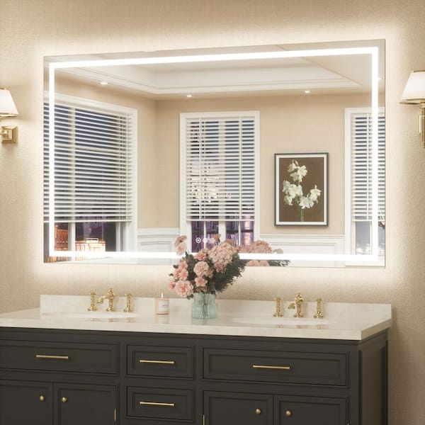 TETOTE 60 in. W x 36 in. H Rectangular Frameless LED Light Anti-Fog Wall Bathroom Vanity Mirror with Backlit and Front Light