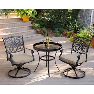 Traditions Bronze 3-Piece Aluminum Outdoor Bistro Set with Swivel Chairs with Natural Oat Cushions