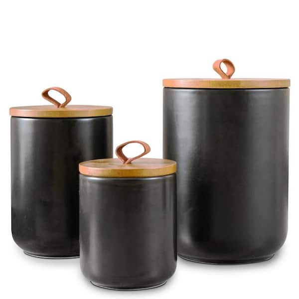 3-Piece Black Ceramic Canister Set with Airtight Wooden Lids for Kitchen Food Storage Decorative Canisters