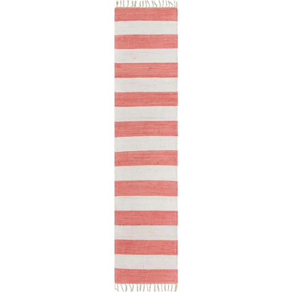 Unique Loom Chindi Rag Striped Coral and Ivory 2' 7 x 12' 0 Area Rug