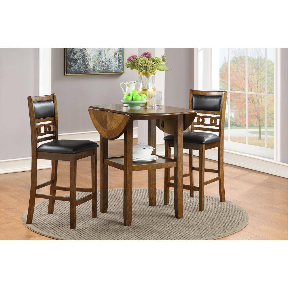 Brown Rubberwood Drop Leaf Counter Table Set with Black Upholstered Chairs