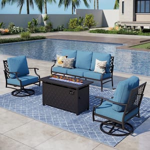 Black Metal Meshed 5 Seat 4-Piece Steel Outdoor Fire Pit Patio Set with Denim Blue Cushions, Rectangular Fire Pit Table