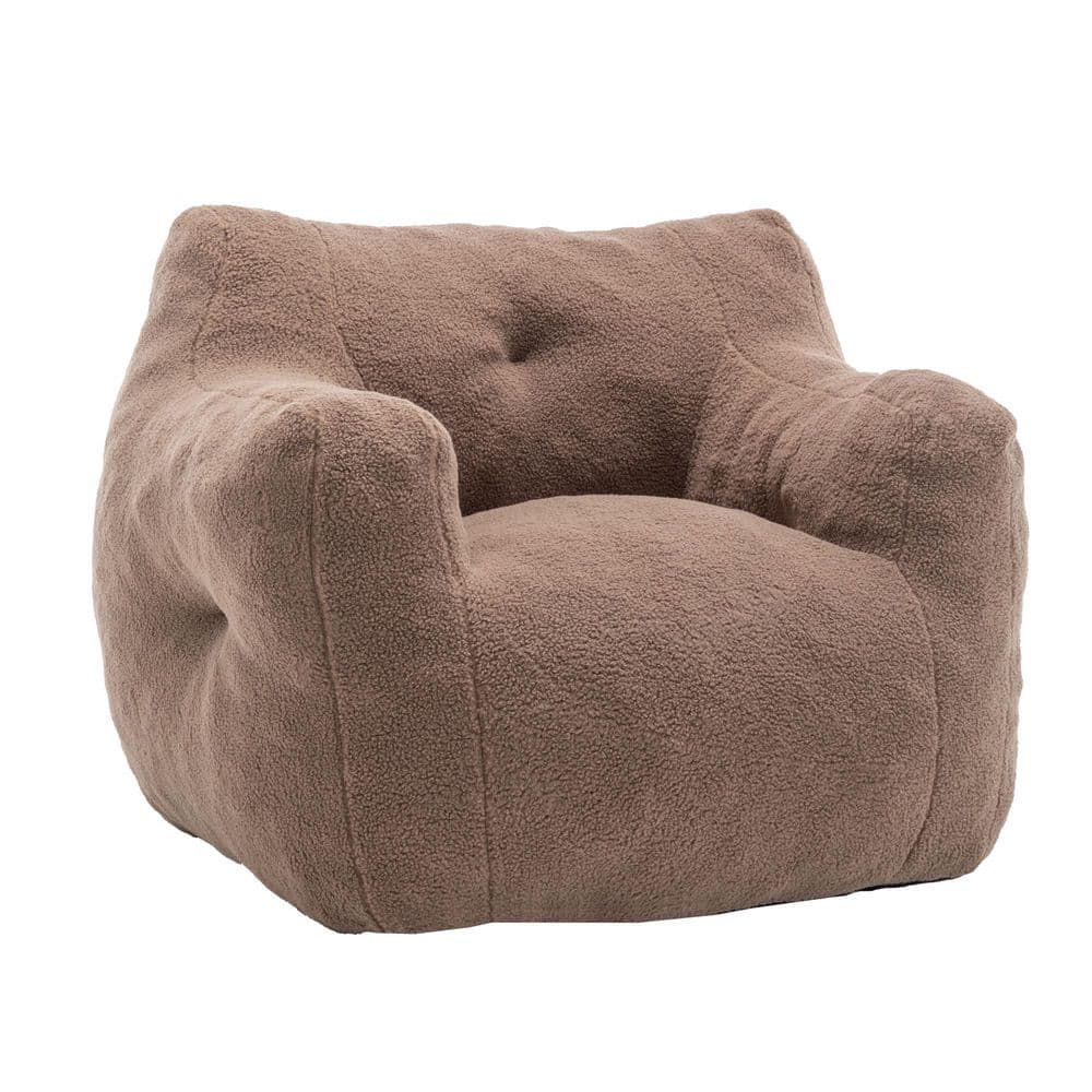 Coffee Teddy Fabric Bean Bag, Floor Sofa Chair with Armrests, Memory Foam Filled Lounge Chair
