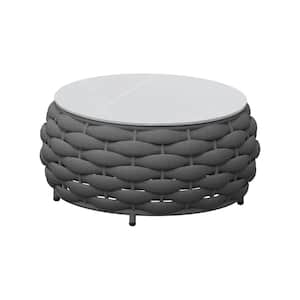 Black Round Aluminum Patio Outdoor Coffee Table with Rock Slabs