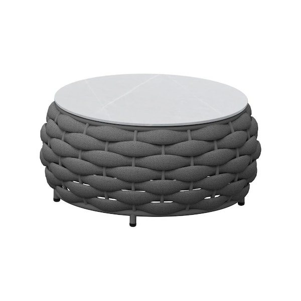 TWT Black Round Aluminum Patio Outdoor Coffee Table with Rock Slabs