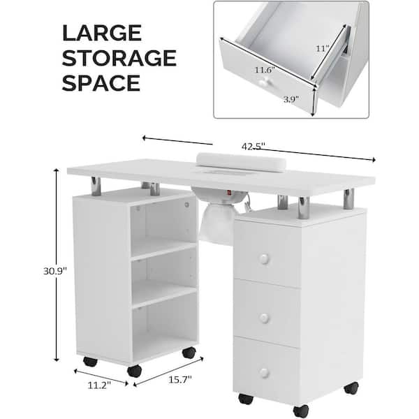 White Nail Desk For Nail Tech,Acetone-Resistant Manicure Table Nail Tech Desk With Drawers Nail Tech Table Station Storage Cabinet, Open Drawer, Wrist Pad, Metal Legs, For Beauty, Salon, Spa Makeup