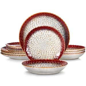 CHRYS 12-Piece Red Stoneware Dinnerware Set Plates Bowls Set Service for 4