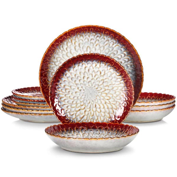 vancasso CHRYS 12-Piece Red Stoneware Dinnerware Set Plates Bowls Set Service for 4