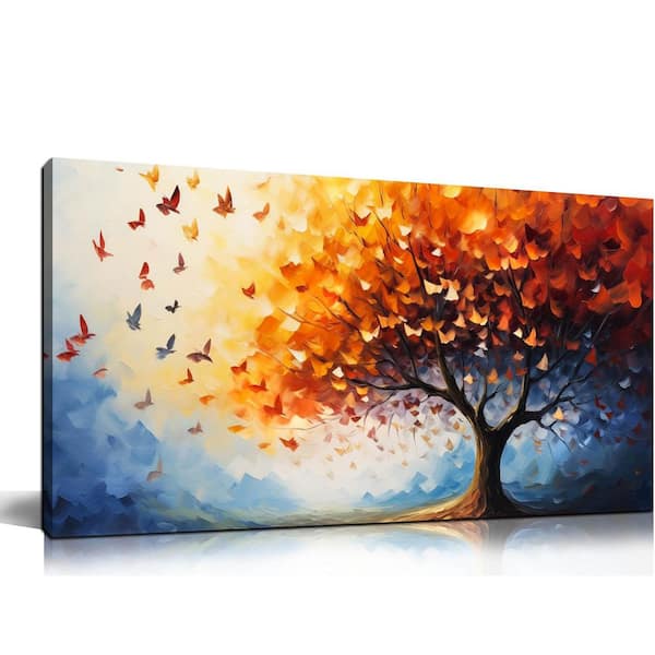 Unbranded 20 x 40 in. Orange and Blue Butterfly Tree Canvas Wall Art for Home and Office Decor