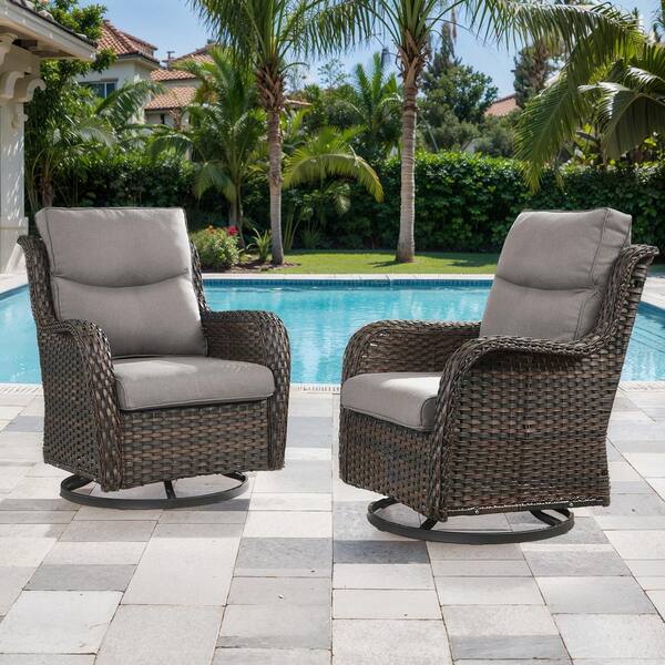 LunaCurve Brown Swivel Glider Wicker Outdoor Rocking Chair with 5 in. Gray Cushions (2-Pack)