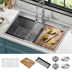 Loften 33 in. Drop-in/Undermount Double Bowl Stainless Steel Kitchen Workstation Sink with Accessories