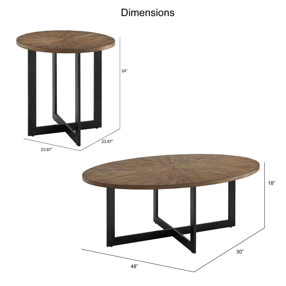 Industrial Oval Coffee Table with Sunburst Ash Veneer and Iron Base