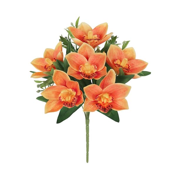 LIVING LUXURY 13 in. Orange Artificial Cymbidium Orchid Flower Stem Bush Bouquet (Set of 4)