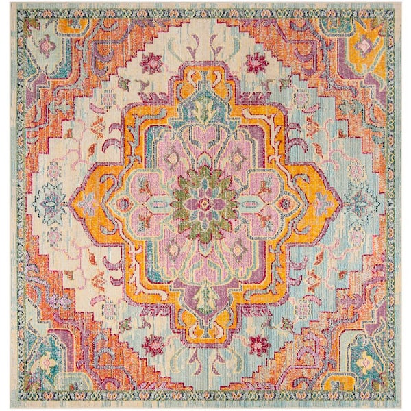 Crystal 8 ft. x 8 ft. Square Light Blue/Fuchsia Distressed Border Area Rug