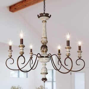 Farmhouse Antique Wood Candlestick Island Chandelier, Classic 6-Light Rustic Rusty Bronze Light with Imitation Gold Leaf