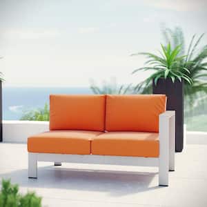 Shore Aluminum Right Arm Outdoor Sectional Chair Loveseat in Silver with Orange Cushions