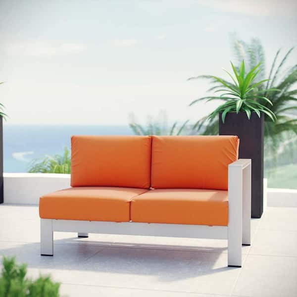 MODWAY Shore Aluminum Right Arm Outdoor Sectional Chair Loveseat in Silver with Orange Cushions