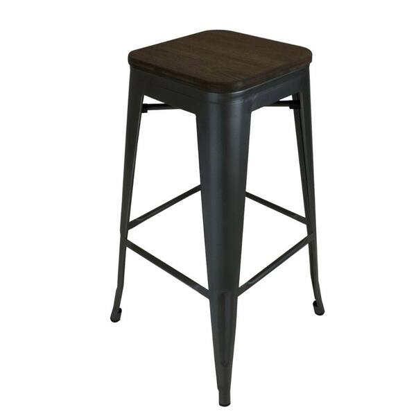Benjara Gene 30 in. Black Backless Metal Frame Bar Stool with Wooden Seat