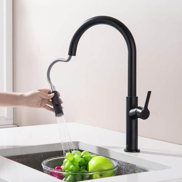 16.94 in. Single Handle Pull Down Sprayer Kitchen Sink Faucet with 360° Spout Swivel in Matte Black