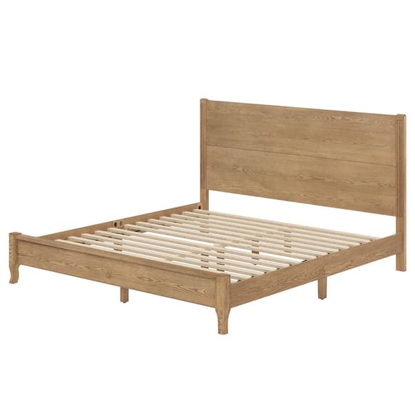 Yolo Solid Wood Light Brown Bed Frame King Platform Bed with Slats Support, Headboard, Easy Assembly