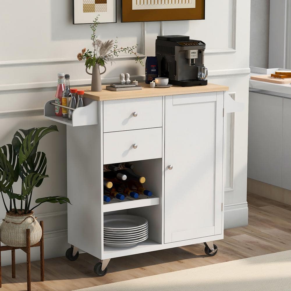 ARTCHIRLY Brown Solid Wood Top 41.3 in. White Kitchen Island Cart on 4 ...