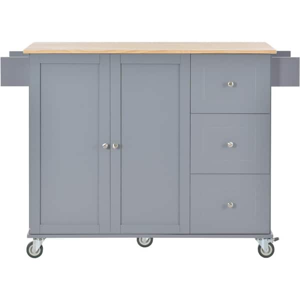 FUNKOL Solid Wood Top 36.8  in.. Gray Kitchen Island Cart with 2-Doors 3-Drawers, Wheels, Storage Cab in.et, Breakfast Bar