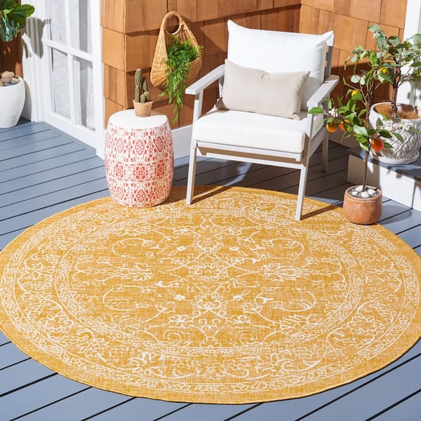 Courtyard Gold/Ivory 7 ft. x 7 ft. Border Floral Scroll Indoor/Outdoor Round Area Rug