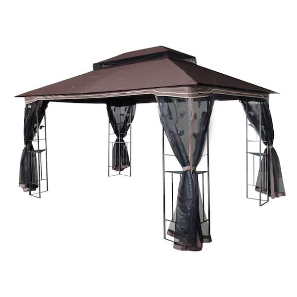 Brown Metal 13 ft. x 10 ft. Outdoor Patio Gazebo Canopy Tent with Double Roof and Mosquito Net for Lawn, Garden