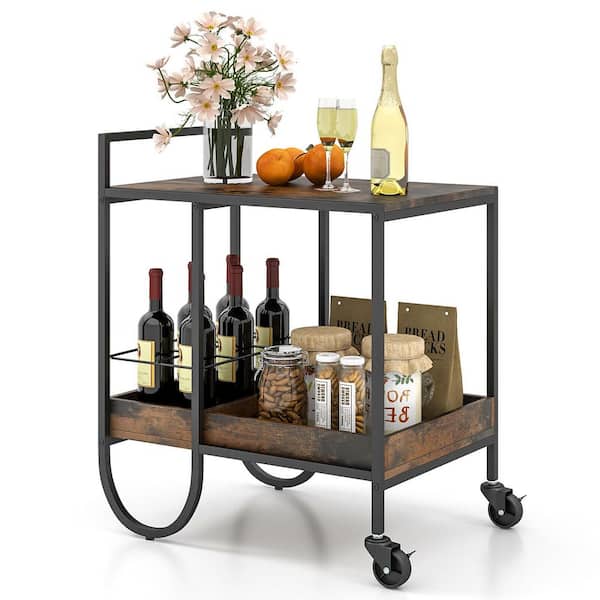 Unbranded 2-Tier Rolling Buffet Kitchen Cart with Removable Metal Wire Wine Rack