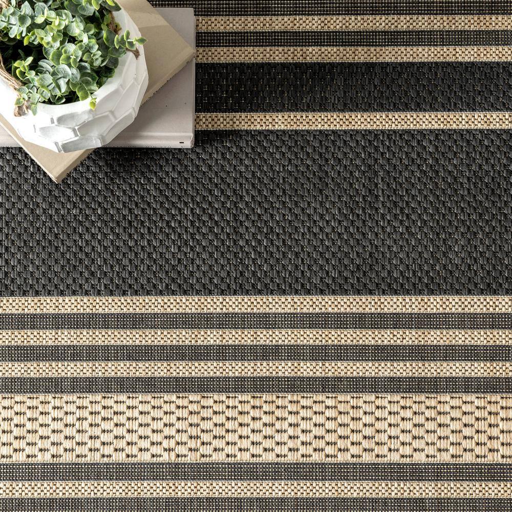 Charcoal and Tan Striped Indoor/Outdoor Synthetic Rug