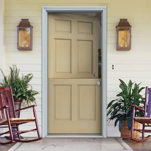 Dutch Hemlock 6-Panel Unfinished Wood Prehung Front Door with Primed White AuraLast Jamb and Brickmold