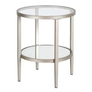 Hera 20 in. Satin Nickel Round Glass Top End Table