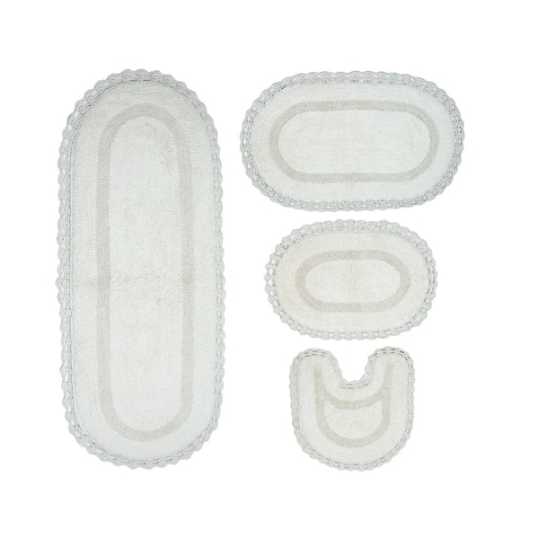 HOME WEAVERS INC Hampton Crochet Reversible 100% Cotton Bath Rug, 4-Pcs Set with Runner, Ivory