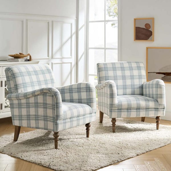 Mandan Blue Contemporary and Classic Upholstered Plaid Pattern Accent Armchair with Turned Solid Wood Legs Set of 2