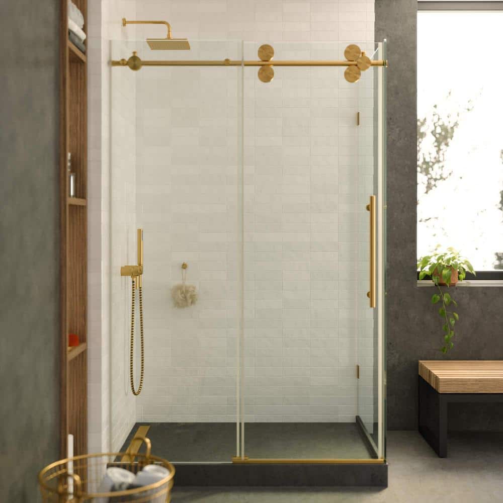 60'' Satin Brass Frameless Sliding Shower Enclosure with Tempered Glass