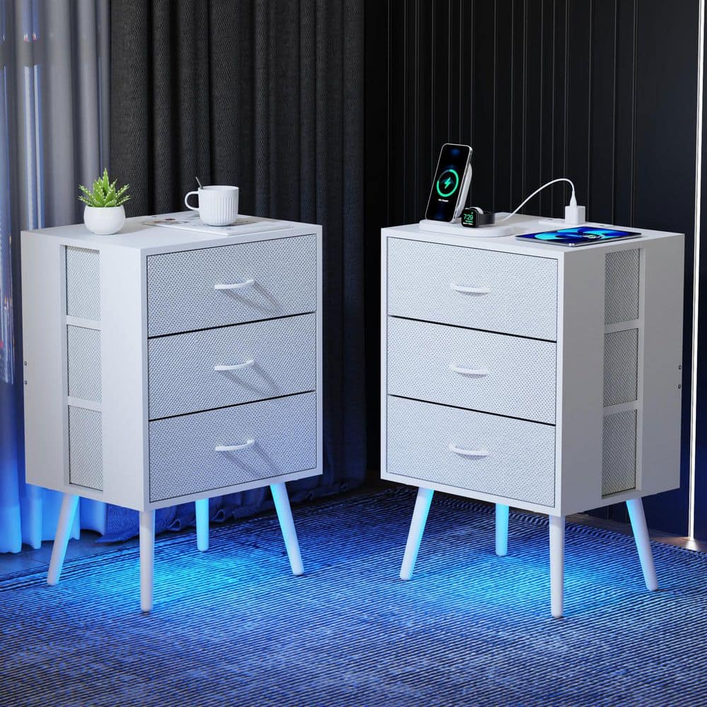 White 2-Piece Modern Nightstand w/ Charging Station and LED Light, 3 Fabric Drawer Per Nightstand,End Table for Bedroom price history on PriceWatchPro