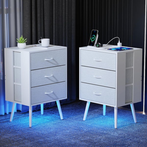 White 2-Piece Modern Nightstand w/ Charging Station and LED Light, 3 Fabric Drawer Per Nightstand,End Table for Bedroom