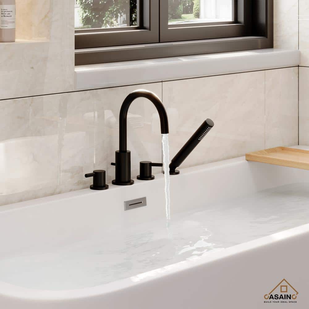 Matte Black Double Handle Deck-Mount Tub Faucet with Hand Shower