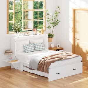 White Wood Frame Full Size Bed Murphy Beds Storage Cabinet With Drawer, 2 Nightstand, USB Charging Station and Wheels