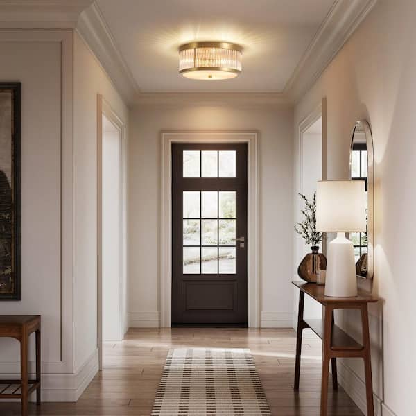 Nathan 12.2 in. 3-Light Modern Industrial Gold Round Flush Mount Ceiling Light w/Clear Glass Rods