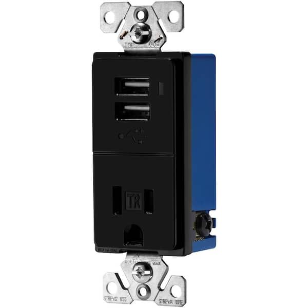 Eaton 15 Amp Decorator USB Charger with Electrical Outlet, Black