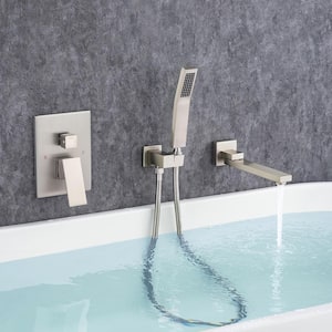 Square Single-Handle Wall Mount Roman Tub Faucet with Swivel Tub Spout and Rough-In Valve in Brushed Nickel