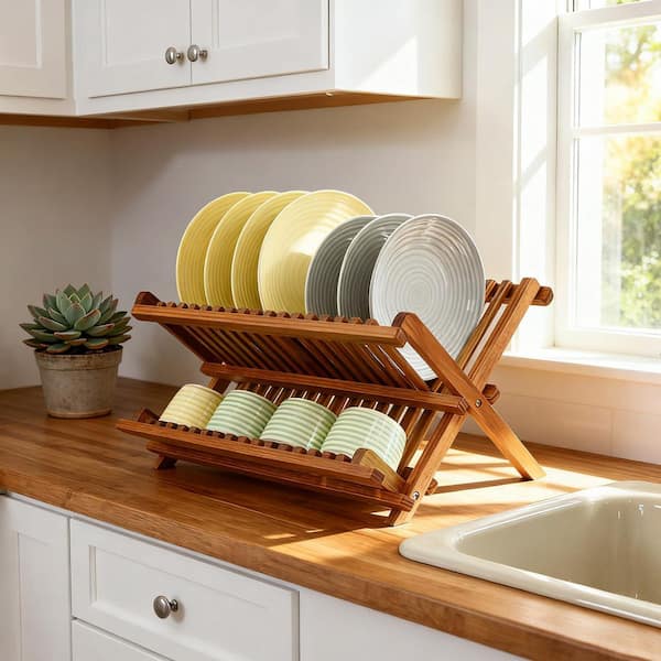 Wudkey Teak Dish Drainer Rack, Collapsible 2 Tier Dish Drying Rack