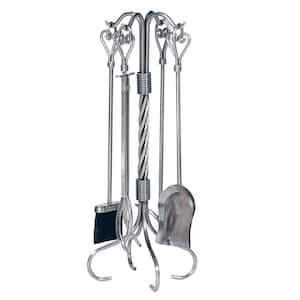 Pewter Wrought Iron 5-Piece Fireplace Tool Set with Heart Handles