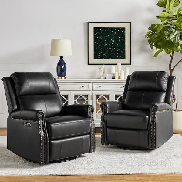 Jayden Creation Joseph Black Genuine Leather Swivel Rocking Manual Recliner with Straight Tufted Back Cushion and Curved Mood Arms